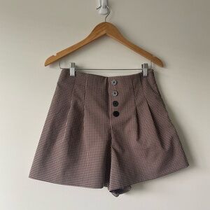 Zara Plaid High Waist Cotton Blend Pleated Shorts Side Zipper Size Medium